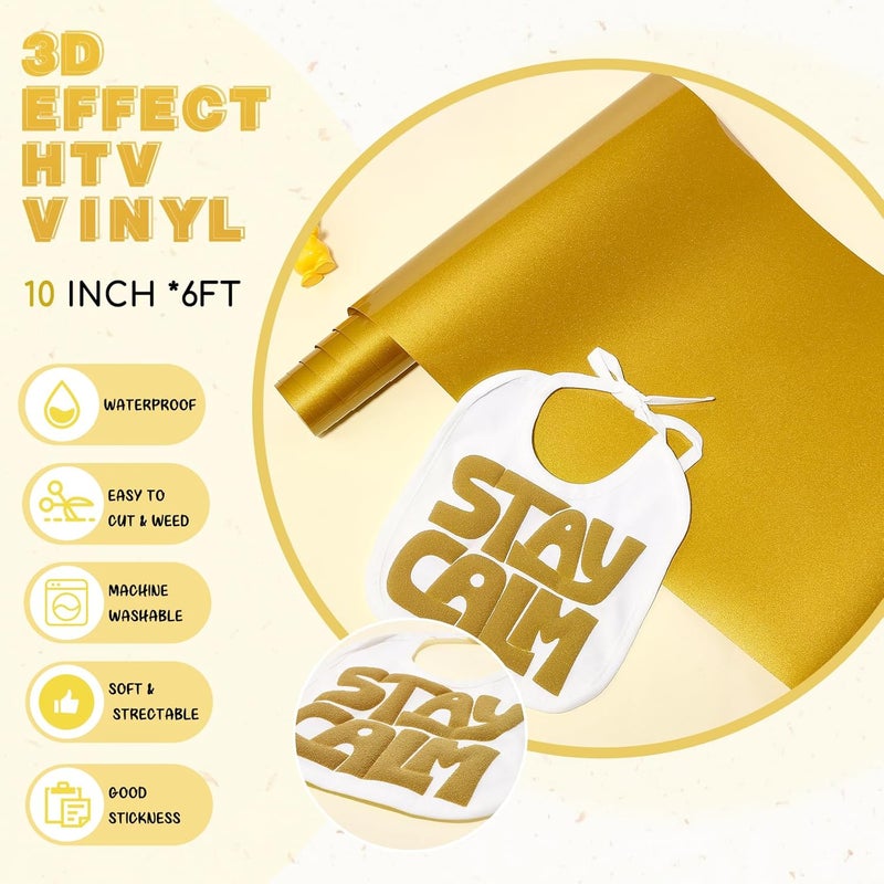 Tintnut Puff Vinyl Heat Transfer - 10inches x 6ft 3D Golden Palm Puff HTV Roll Puff Heat Transfer Vinyl Foaming Puffy HTV Iron on Vinyl for T-Shirts DIY Compatible with Cricut or Silhoutte Cameo - Image 2